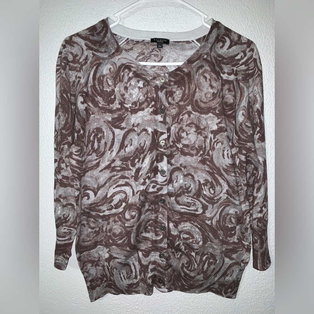 Talbots Soft Brown Gray Floral Cardigan 3/4 Sleeve Size Large